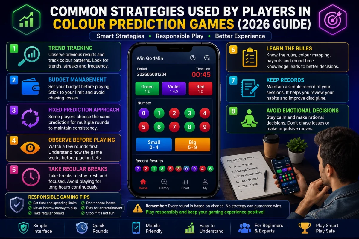 Player reviewing colour prediction game history and strategy notes on a mobile gaming app